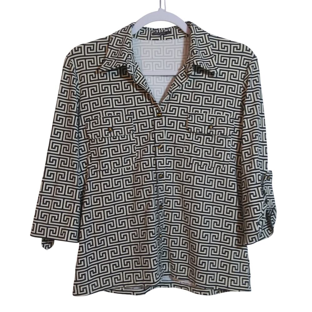 J.Mclaughlin Cream Black Geo Print Button Front 3/4 Sleeve Catalina Cloth Sz S